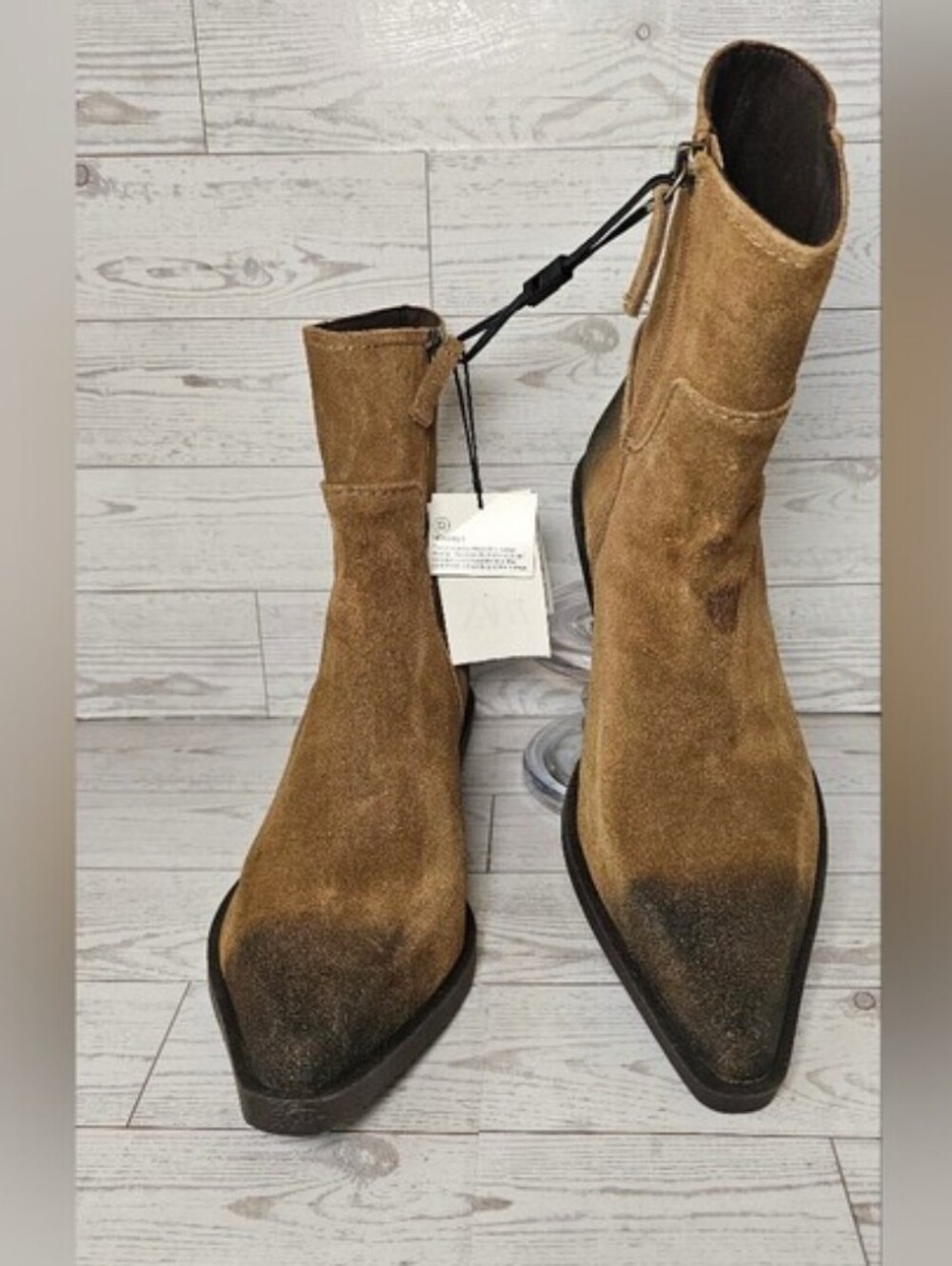 ​Zara NWT Brown Leather Western Ankle Boots Vintage Distressed Cowboy